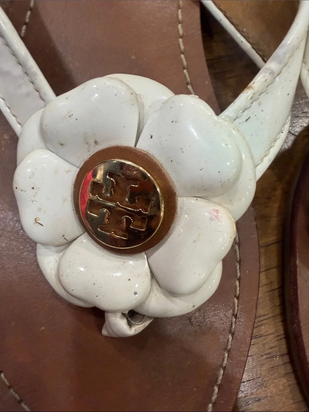 Tory Burch White Floral Logo Thong Sandals